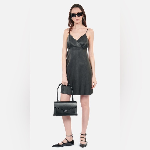 NWT THE KOOPLES Crossed V-Neck Sheepskin 100% Leather Black Mini Dress - Picture 2 of 5